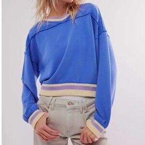 Free People - Royal Blue V-Neck Cropped Sweatshirt with Cream & Lavender Trim